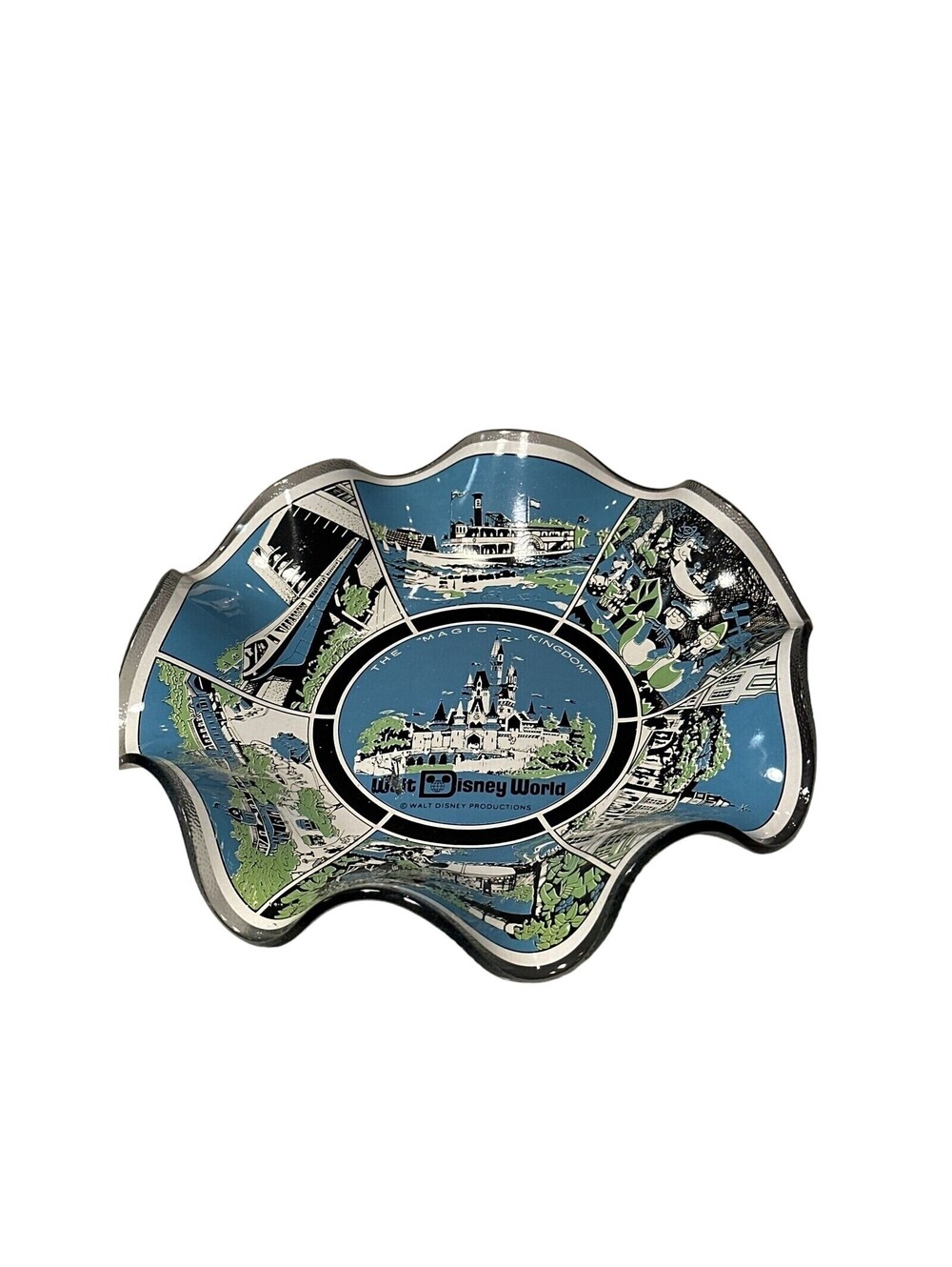 DISNEY PARKS Glass Ashtray Tray Walt World Magic Kingdom Dish 7" VINTAGE